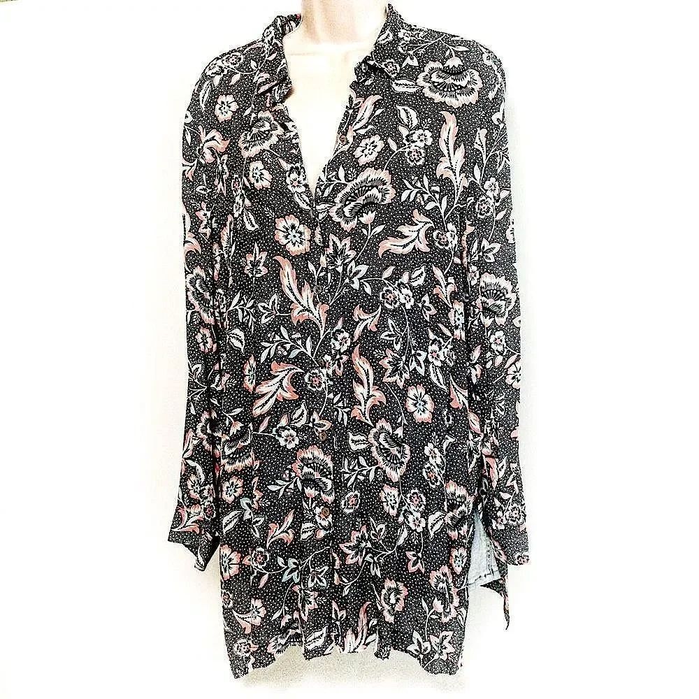 J. Jill Floral Button-Front Blouse Long-Sleeve Tunic 100% Rayon Sz M
